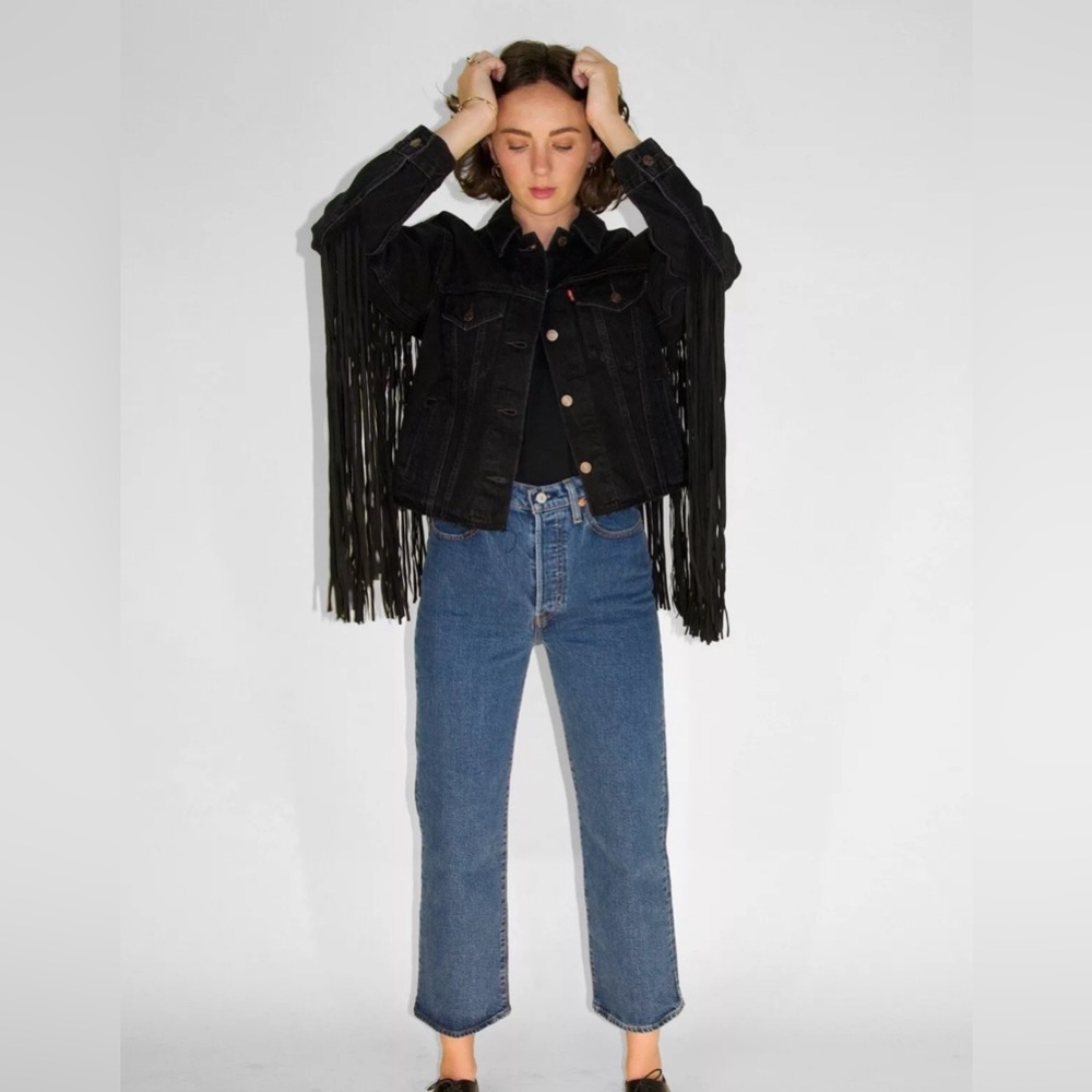 Levi's Ex-Boyfriend Fringe Trucker Denim Jean Jacket Black Size Small
